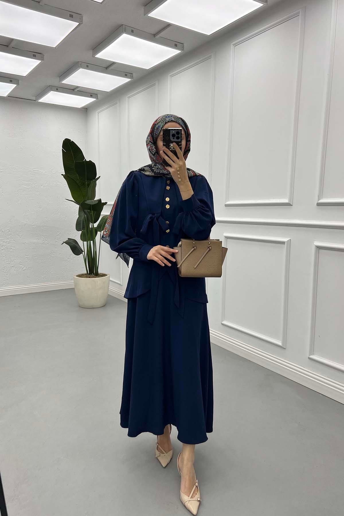 Sare Fashion Collar and Button Detailed Burgundy Suit Navy Blue