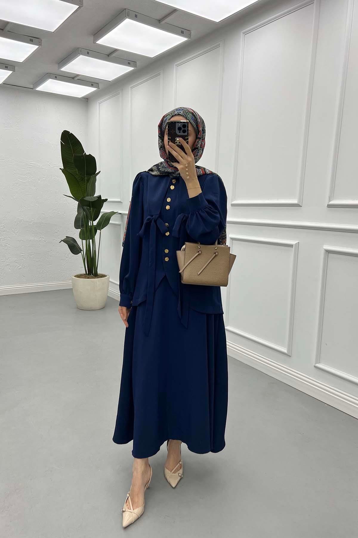 Sare Fashion Collar and Button Detailed Burgundy Suit Navy Blue