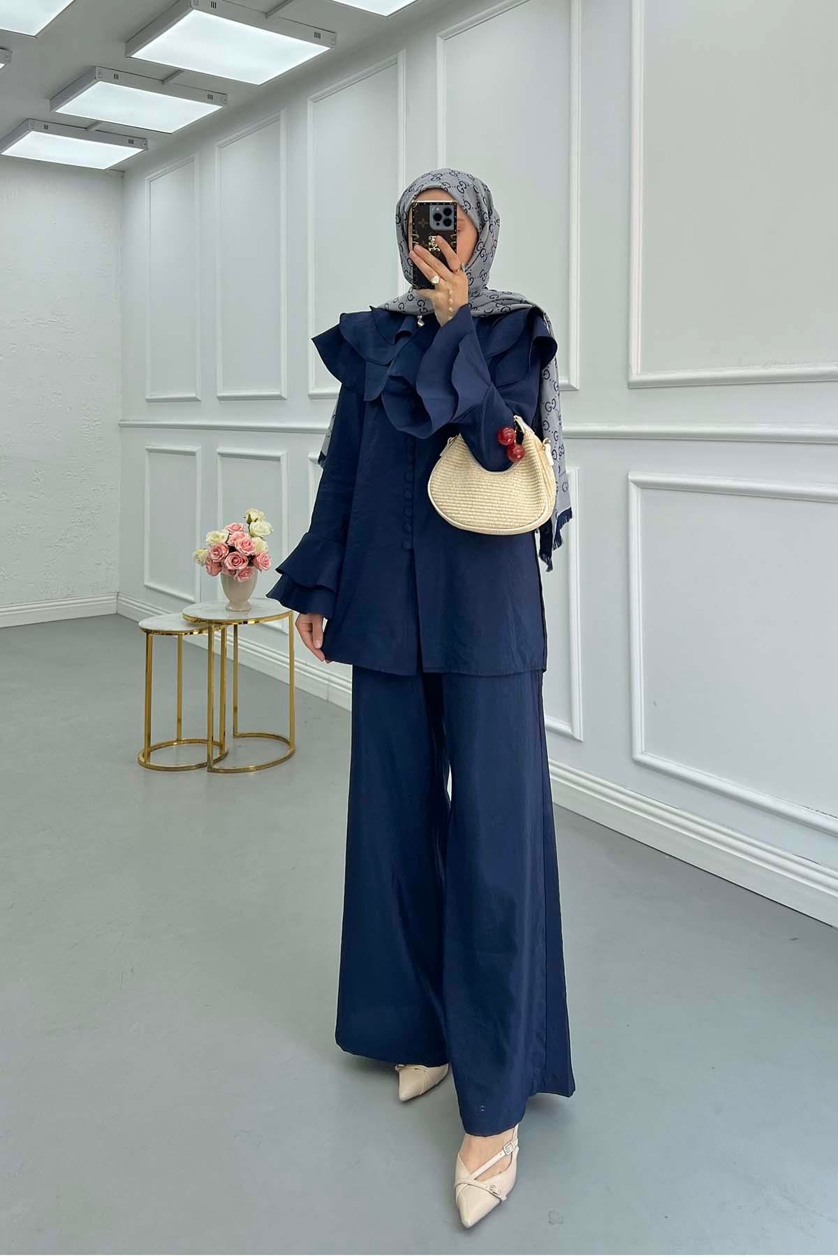 Sare Fashion Parachute Suit with Collar and Sleeve Details Navy Blue