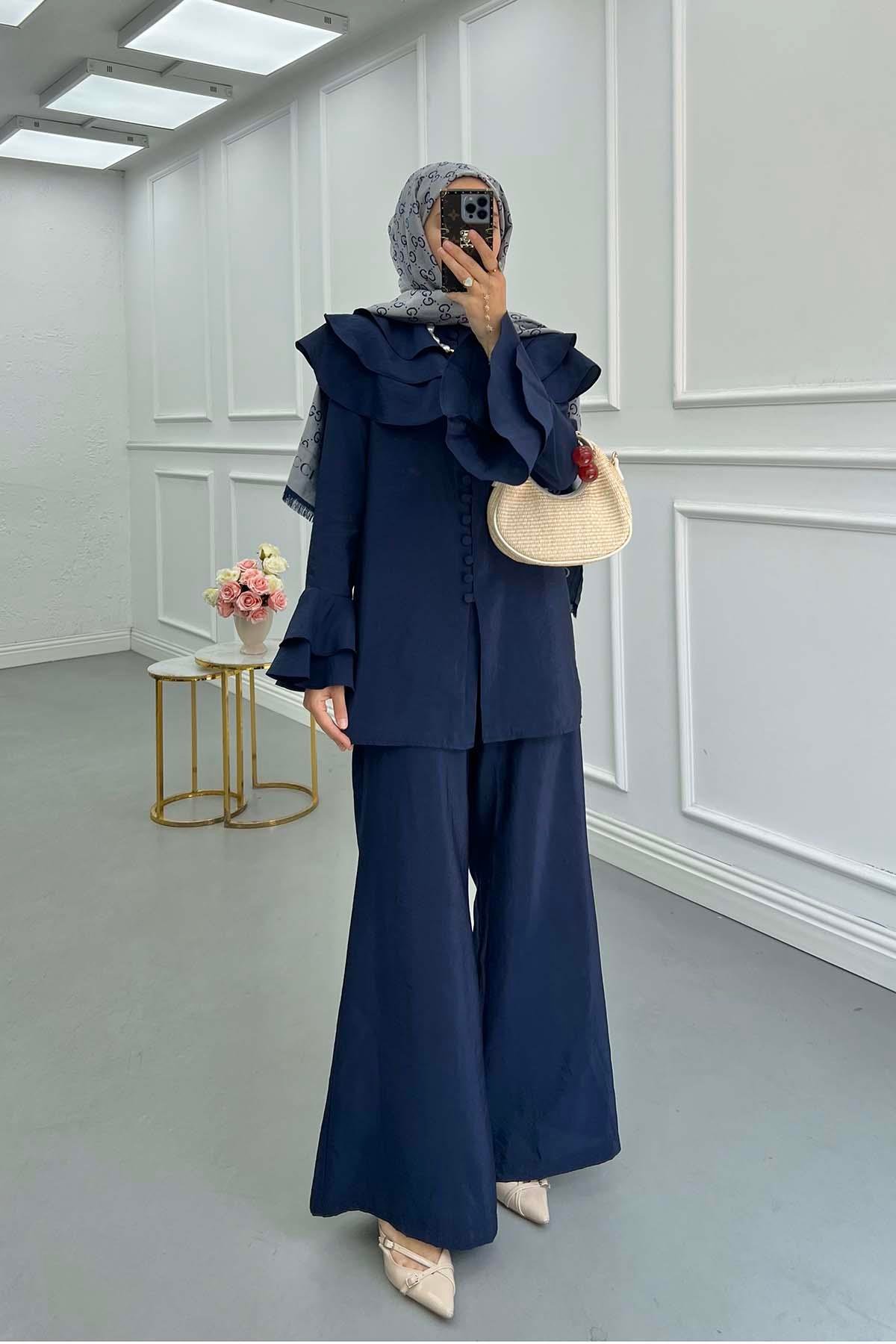 Sare Fashion Parachute Suit with Collar and Sleeve Details Navy Blue