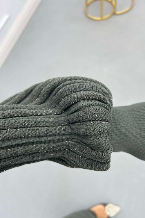 Sare Fashion Khaki Knit Dress with Glittery Collar and Sleeves Sare Fashion Khaki Knit Dress with Glittery Collar and Sleeves