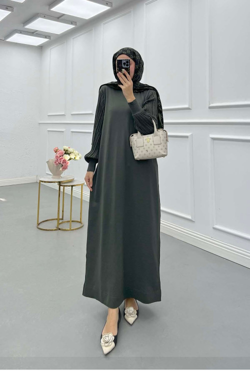 Sare Fashion Khaki Knit Dress with Glittery Collar and Sleeves Sare Fashion Khaki Knit Dress with Glittery Collar and Sleeves