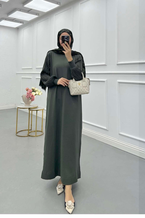 Sare Fashion Khaki Knit Dress with Glittery Collar and Sleeves Sare Fashion Khaki Knit Dress with Glittery Collar and Sleeves