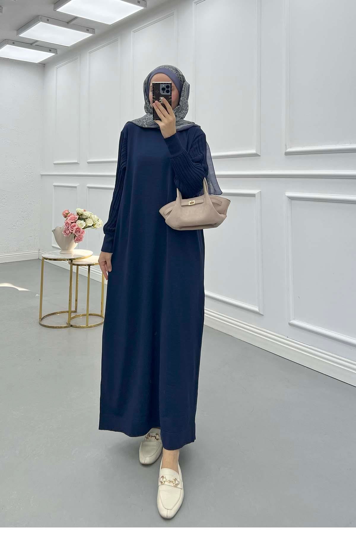 Sare Fashion Navy Blue Knit Dress with Glittery Collar and Sleeves