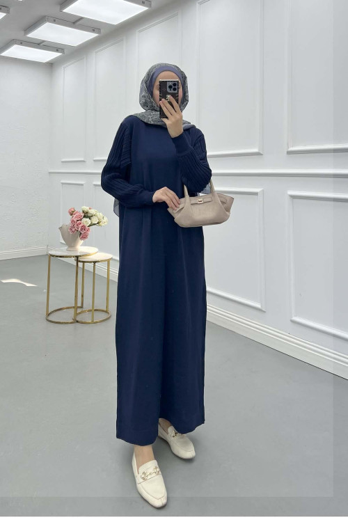 Sare Fashion Navy Blue Knit Dress with Glittery Collar and Sleeves Sare Fashion Navy Blue Knit Dress with Glittery Collar and Sleeves