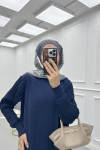 Sare Fashion Navy Blue Knit Dress with Glittery Collar and Sleeves Sare Fashion Navy Blue Knit Dress with Glittery Collar and Sleeves