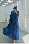 Sare Fashion Indigo Satin Dress with Lace Detail on Collar and Sash