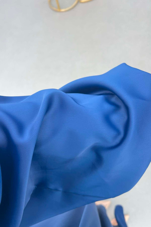 Sare Fashion Indigo Satin Dress with Lace Detail on Collar and Sash