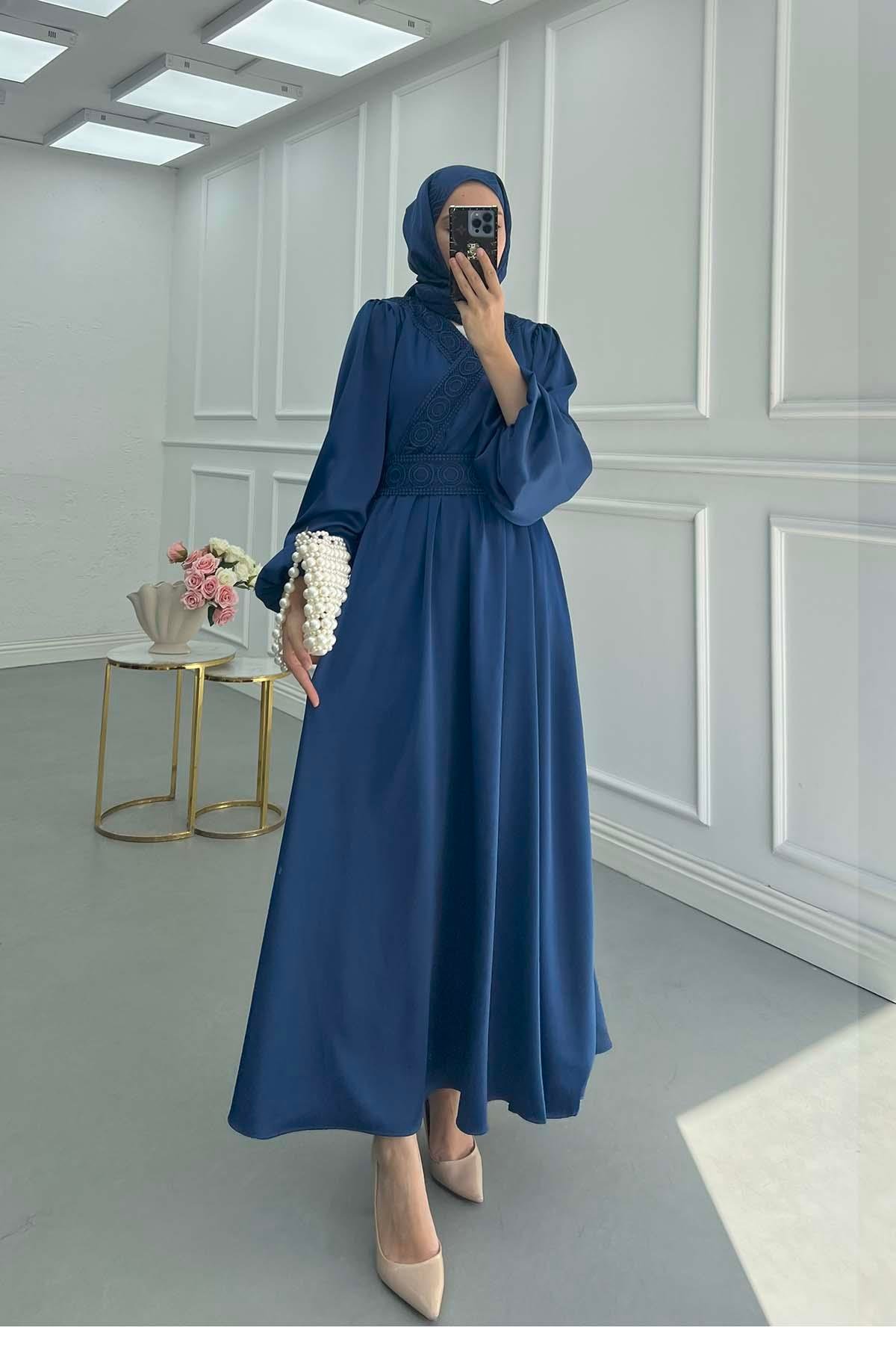Sare Fashion Indigo Satin Dress with Lace Detail on Collar and Sash Sare Fashion Indigo Satin Dress with Lace Detail on Collar and Sash