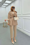 Sare Fashion Jacquard Suit with Collar and Shoulder Details Beige