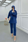 Sare Fashion Jacquard Suit with Collar and Shoulder Details Indigo