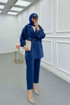 Sare Fashion Jacquard Suit with Collar and Shoulder Details Indigo