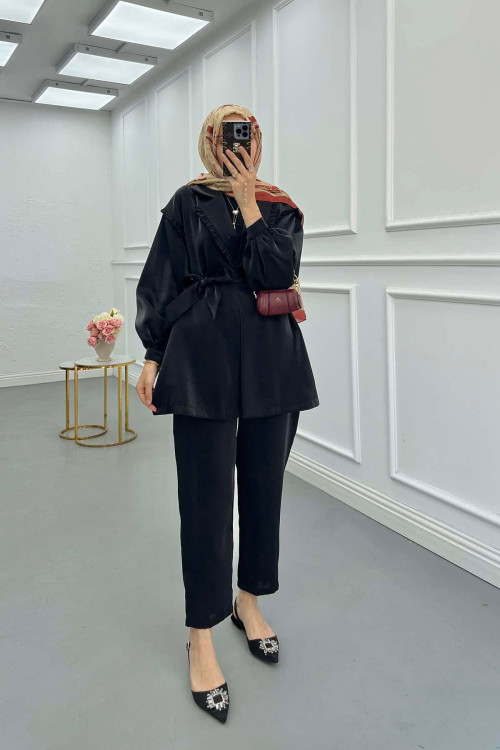 Sare Fashion Jacquard Suit with Collar and Shoulder Details Black