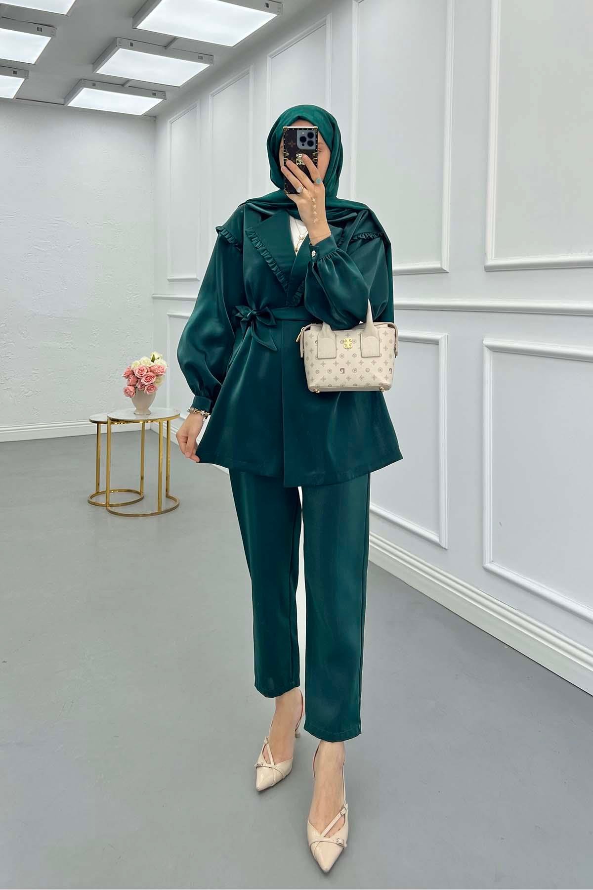 Sare Fashion Jacquard Suit with Collar and Shoulder Details Emerald Green