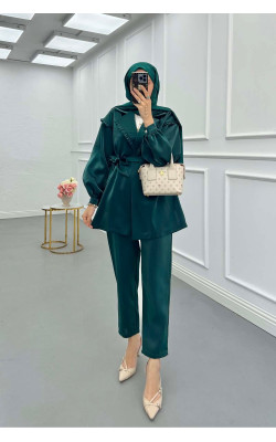Sare Fashion Jacquard Suit with Collar and Shoulder Details Emerald Green