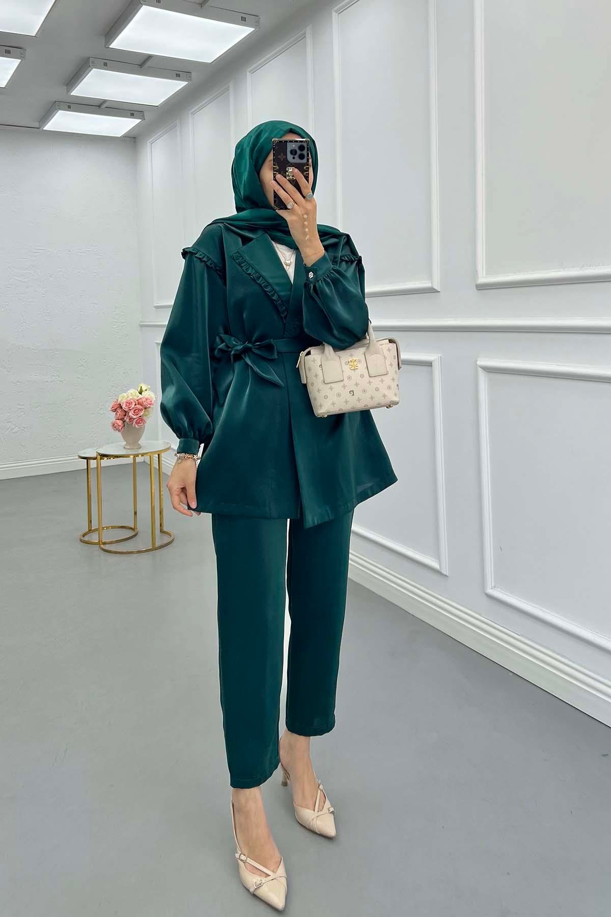 Sare Fashion Jacquard Suit with Collar and Shoulder Details Emerald Green