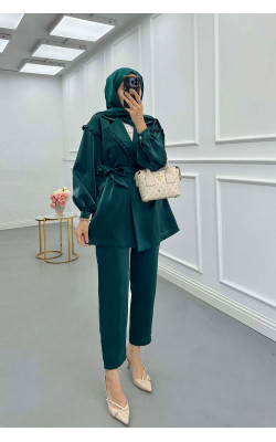 Sare Fashion Jacquard Suit with Collar and Shoulder Details Emerald Green