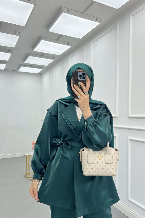 Sare Fashion Jacquard Suit with Collar and Shoulder Details Emerald Green