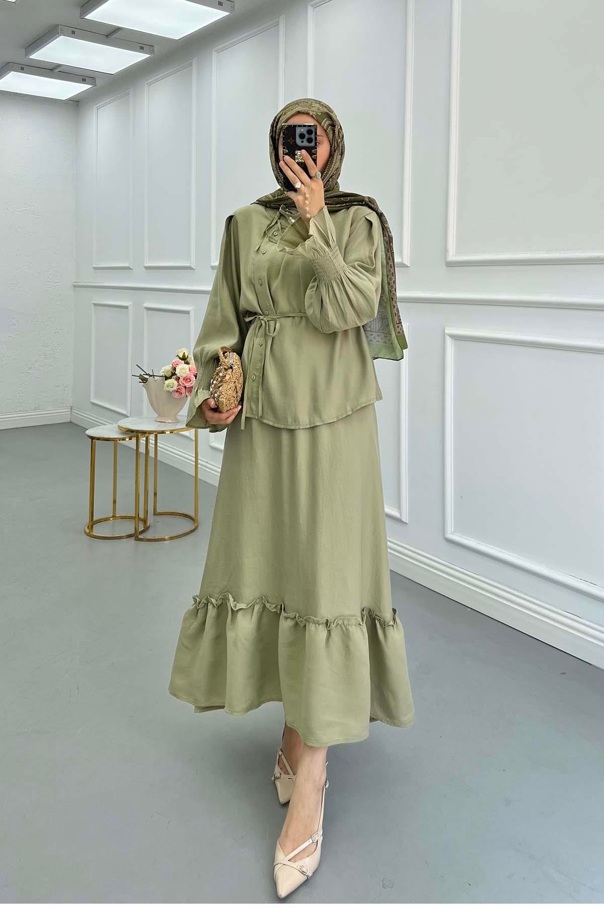 Sare Fashion Tied Collar Ruffle Skirt Khaki Suit