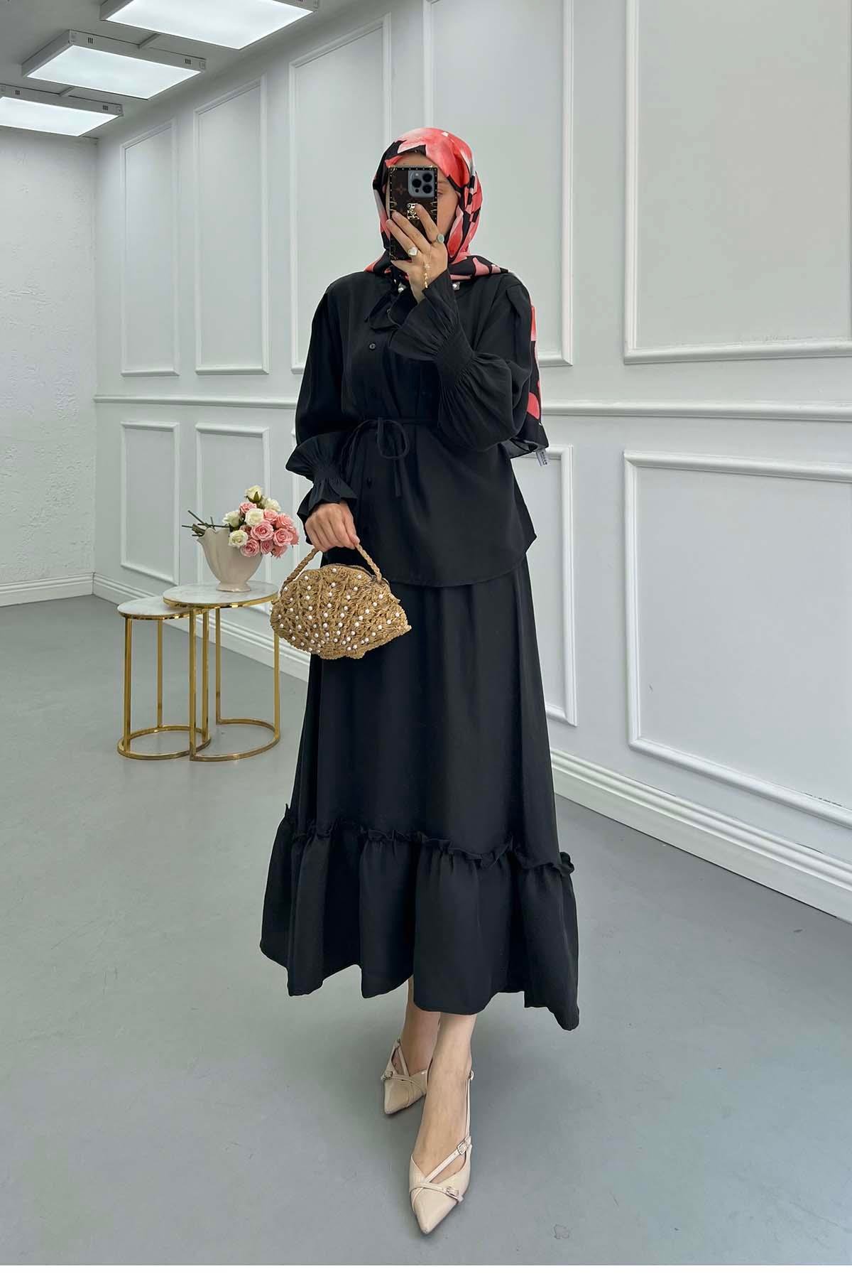 Sare Fashion Black Tied Collar Ruffle Skirt Suit