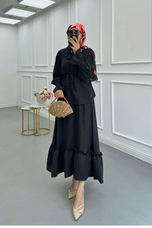 Sare Fashion Black Tied Collar Ruffle Skirt Suit