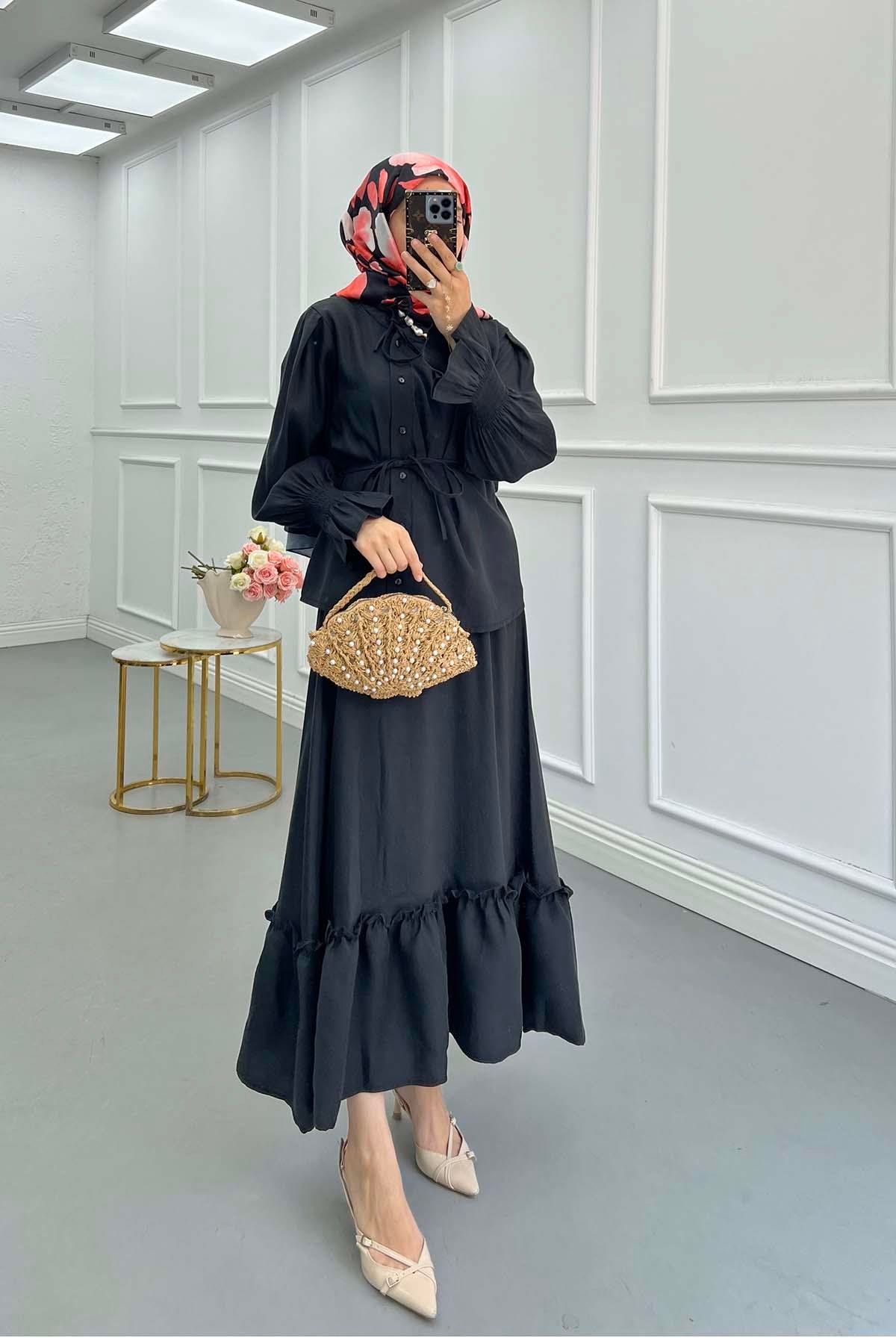 Sare Fashion Black Tied Collar Ruffle Skirt Suit