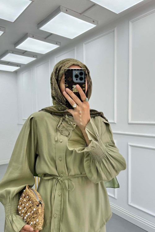 Sare Fashion Tied Collar Ruffle Skirt Khaki Suit