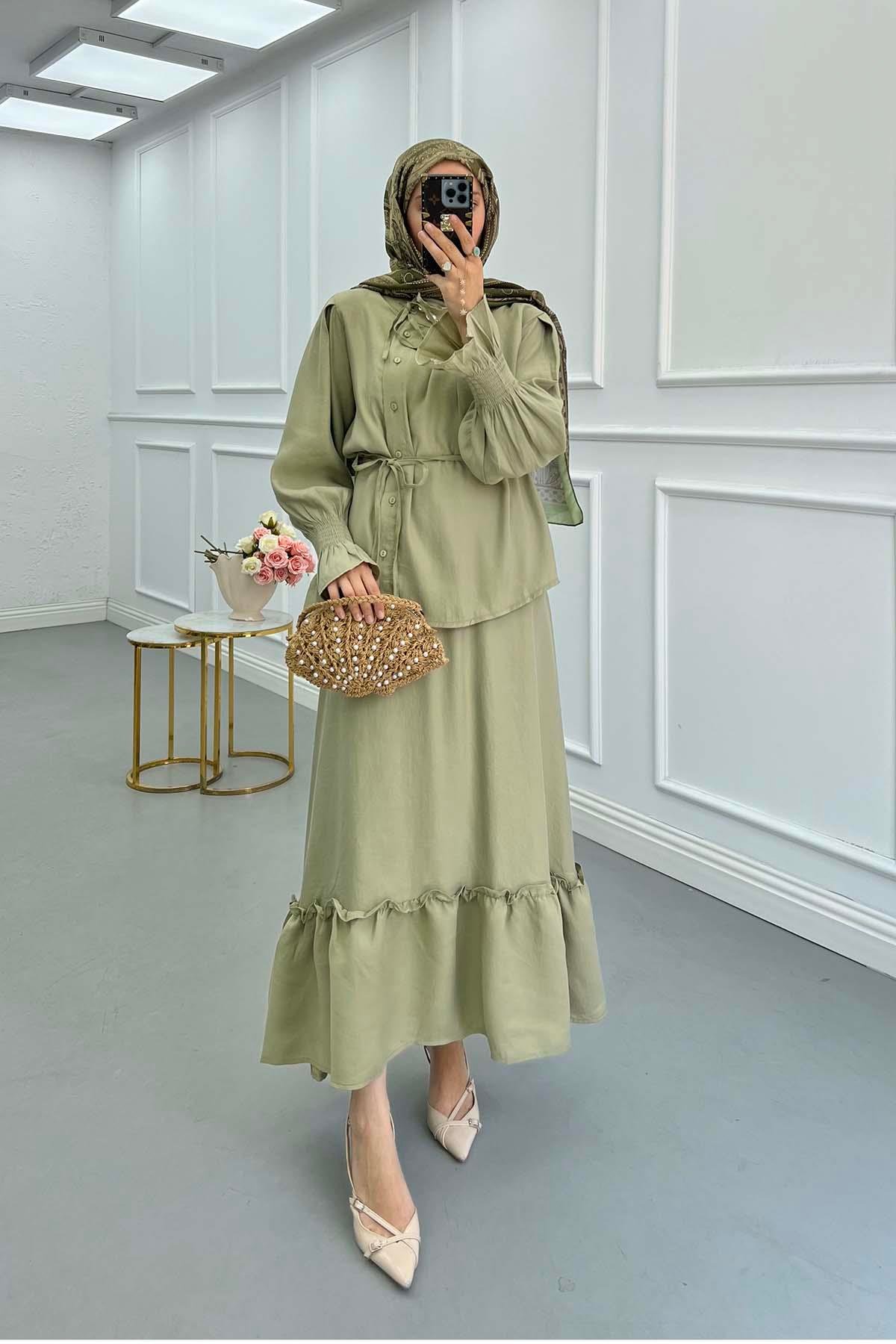 Sare Fashion Tied Collar Ruffle Skirt Khaki Suit