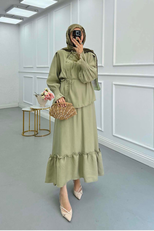 Sare Fashion Tied Collar Ruffle Skirt Khaki Suit