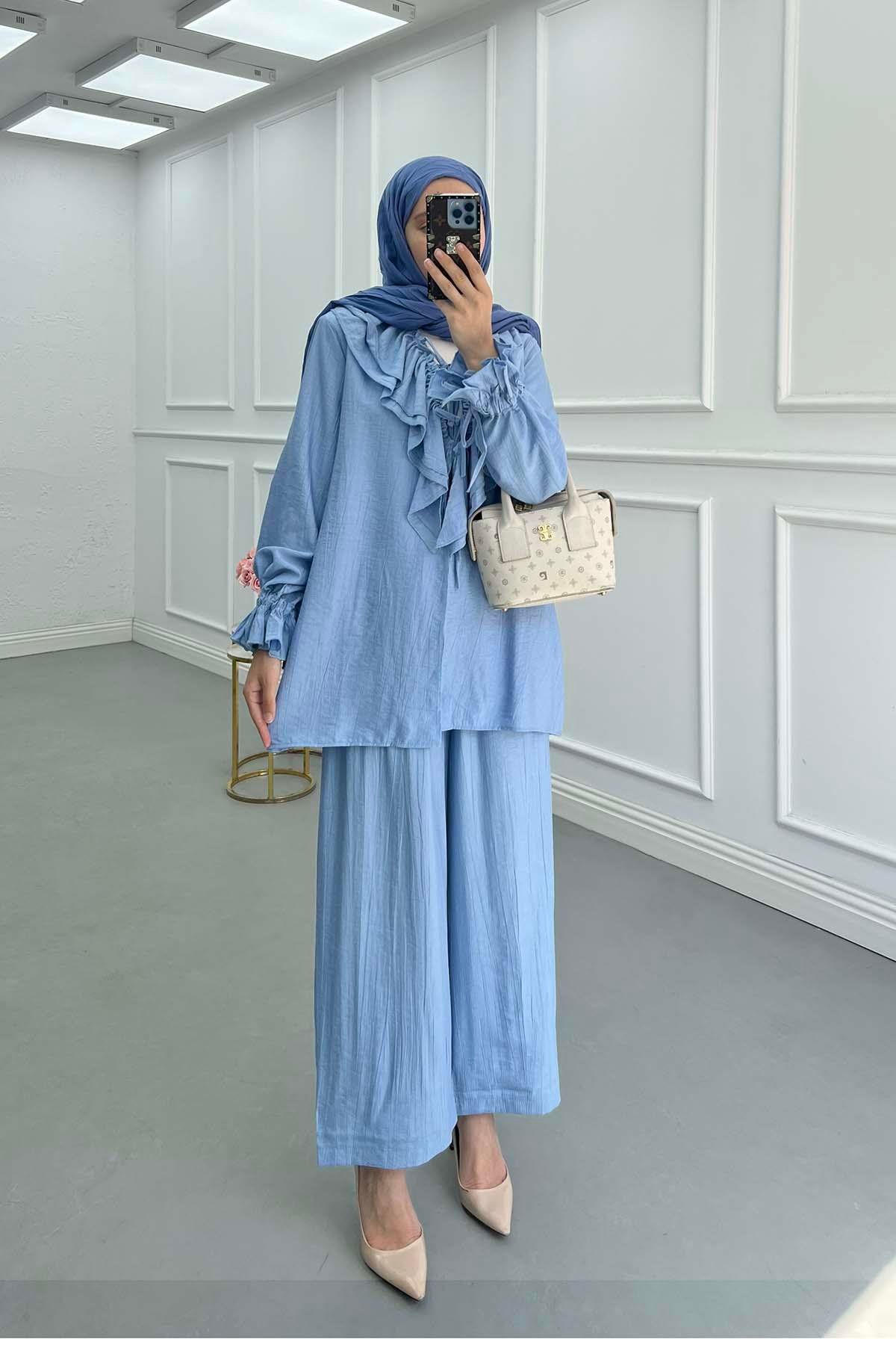 Sare Fashion Frilled Collar Tie Suit Baby Blue