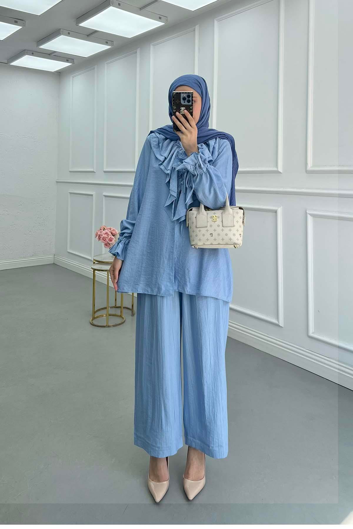 Sare Fashion Frilled Collar Tie Suit Baby Blue