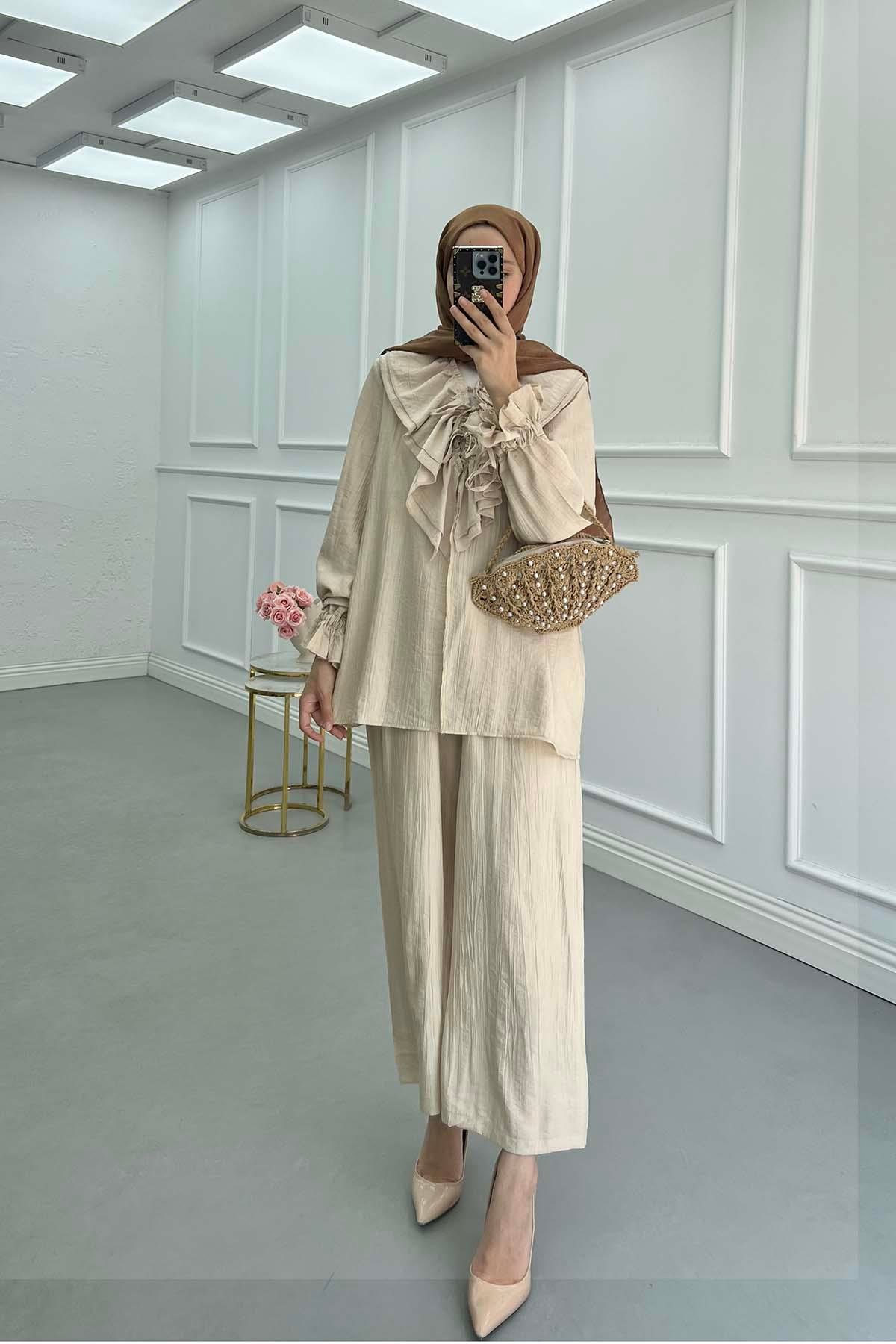 Sare Fashion Ruffled Collar Tied Suit Beige