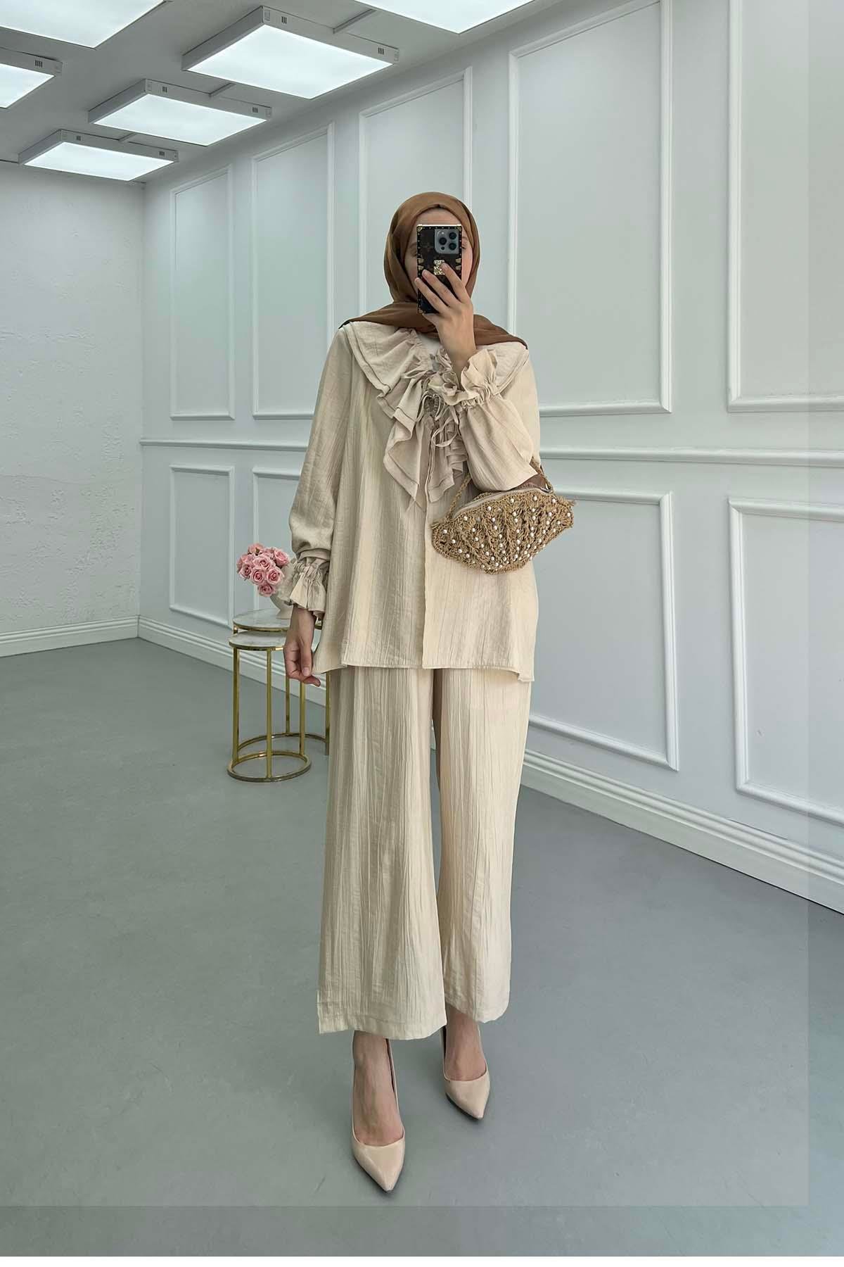 Sare Fashion Ruffled Collar Tied Suit Beige