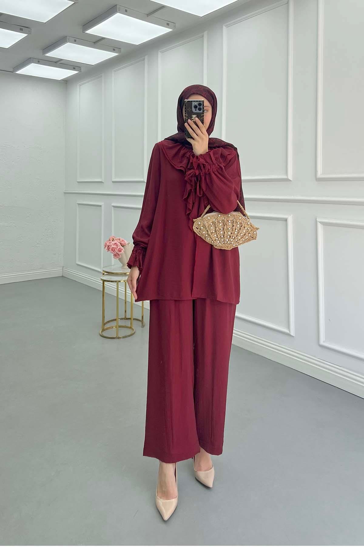 Sare Fashion Ruffled Collar Tied Suit Burgundy