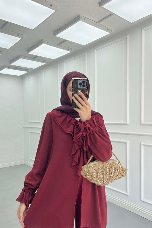 Sare Fashion Ruffled Collar Tied Suit Burgundy