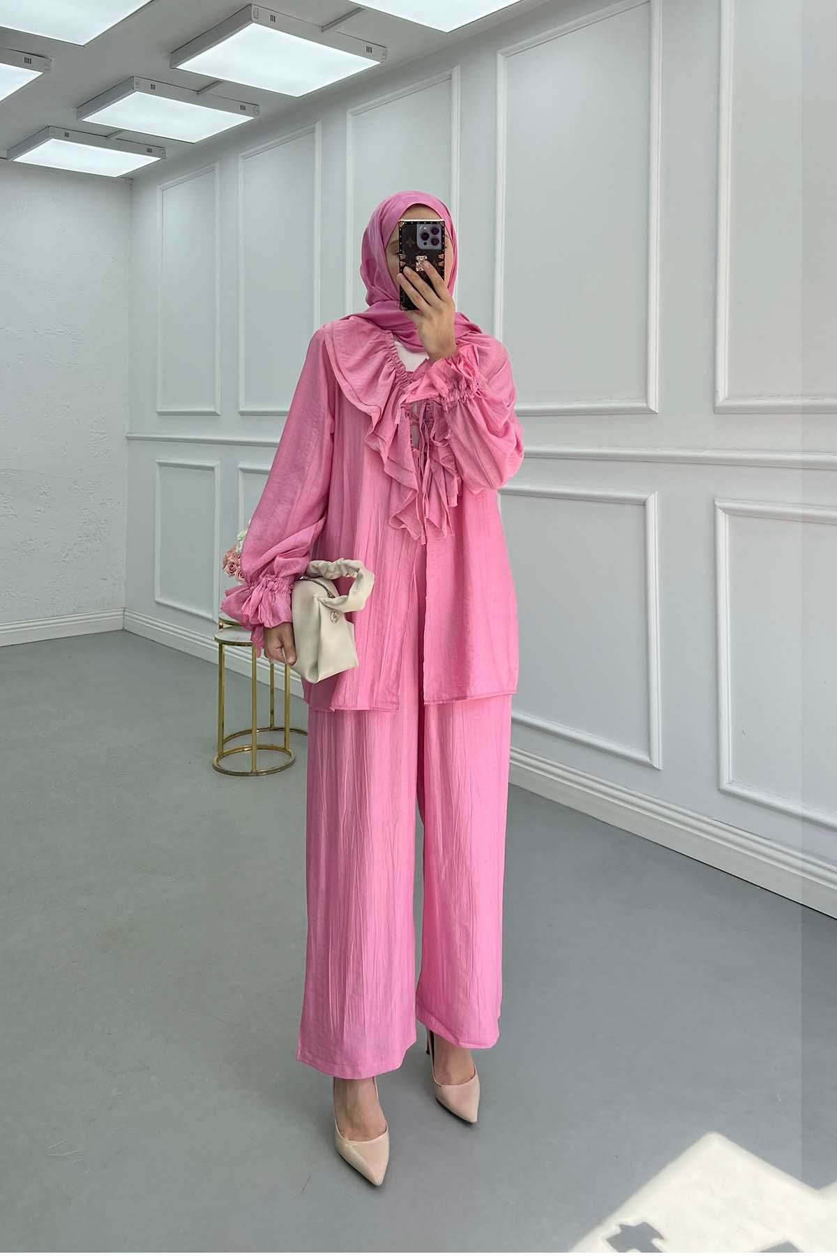 Sare Fashion Pink Ruffled Tie Collar Suit