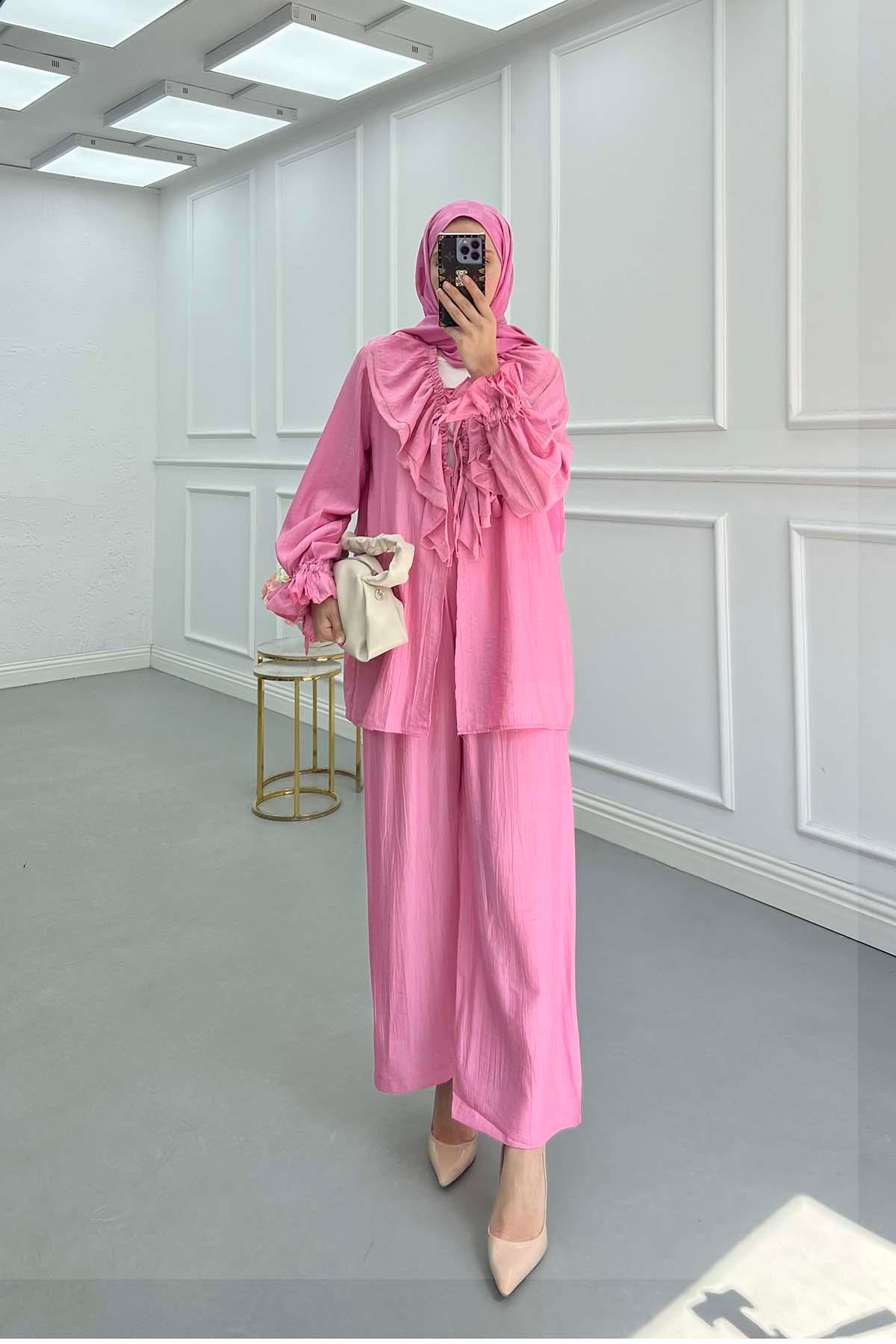 Sare Fashion Pink Ruffled Tie Collar Suit
