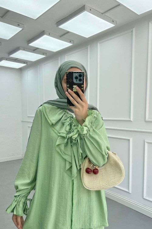 Sare Fashion Ruffled Collar Tie Suit Green