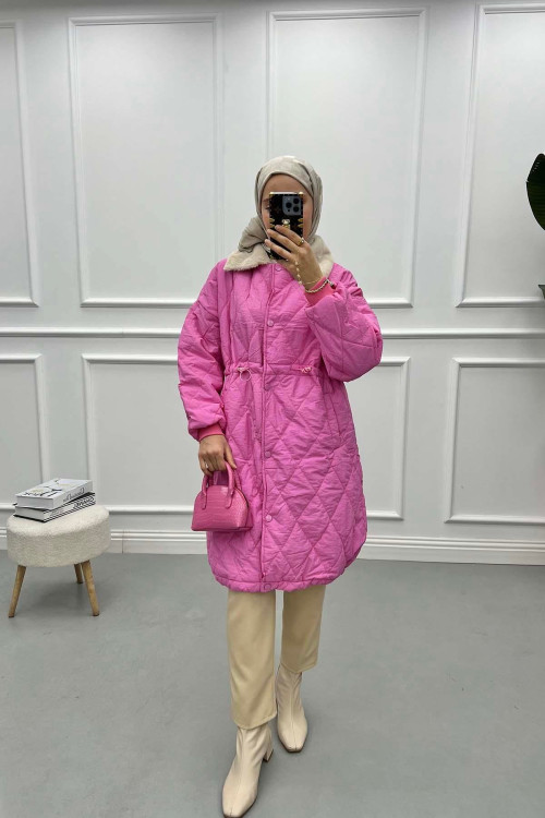 Fur Collar Quilted Coat Pink