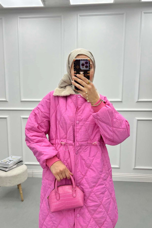 Fur Collar Quilted Coat Pink