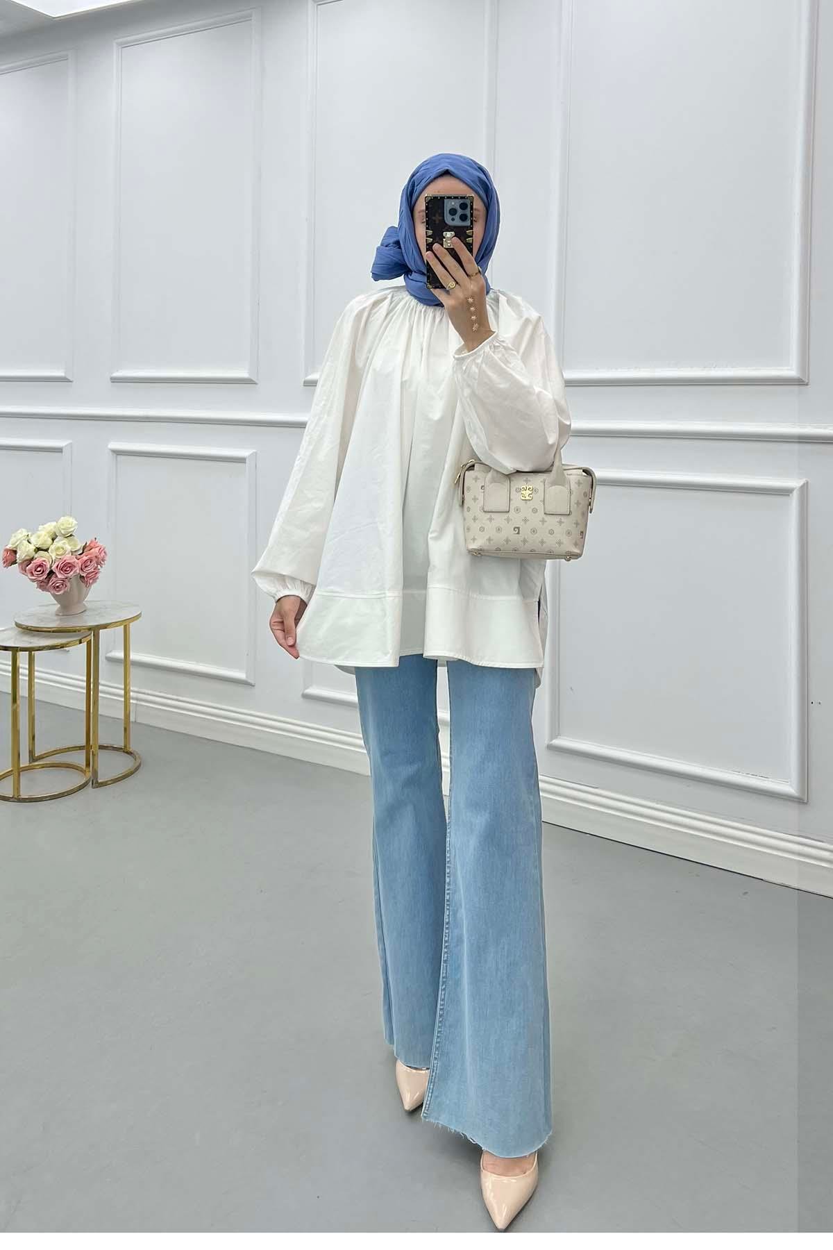 Sare Fashion Elastic Collar Poplin Shirt White