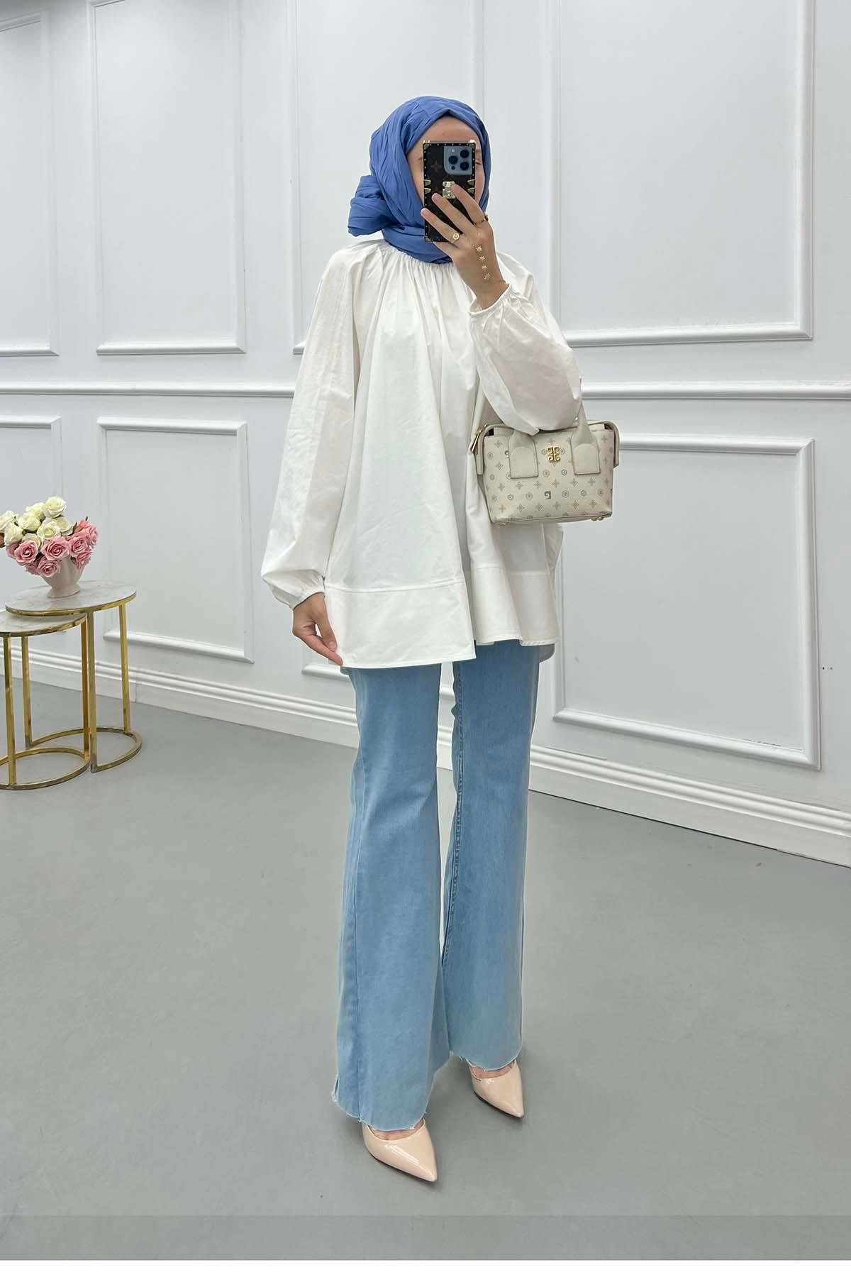 Sare Fashion Elastic Collar Poplin Shirt White
