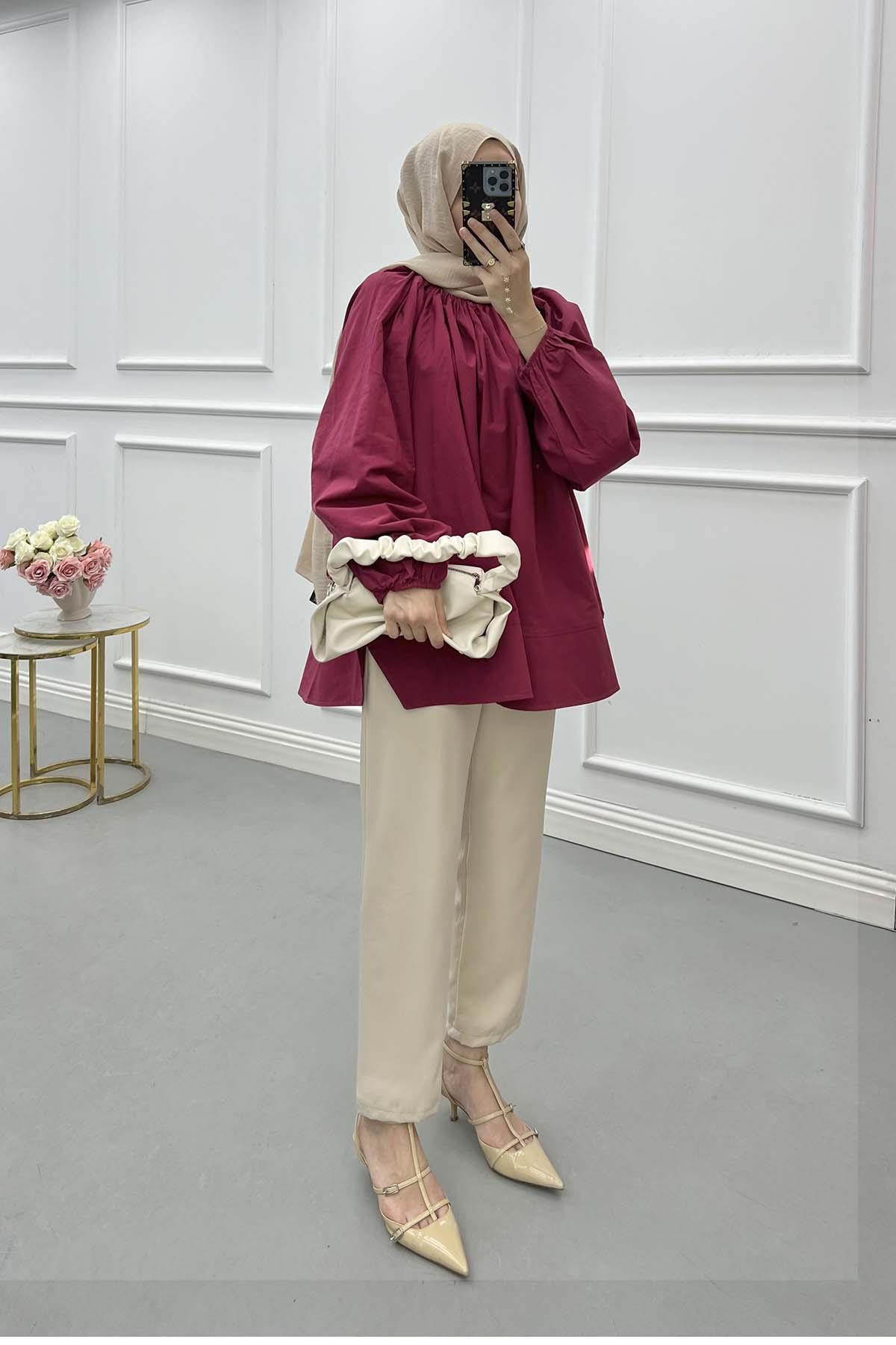 Sare Fashion Poplin Shirt with Elastic Collar, Burgundy