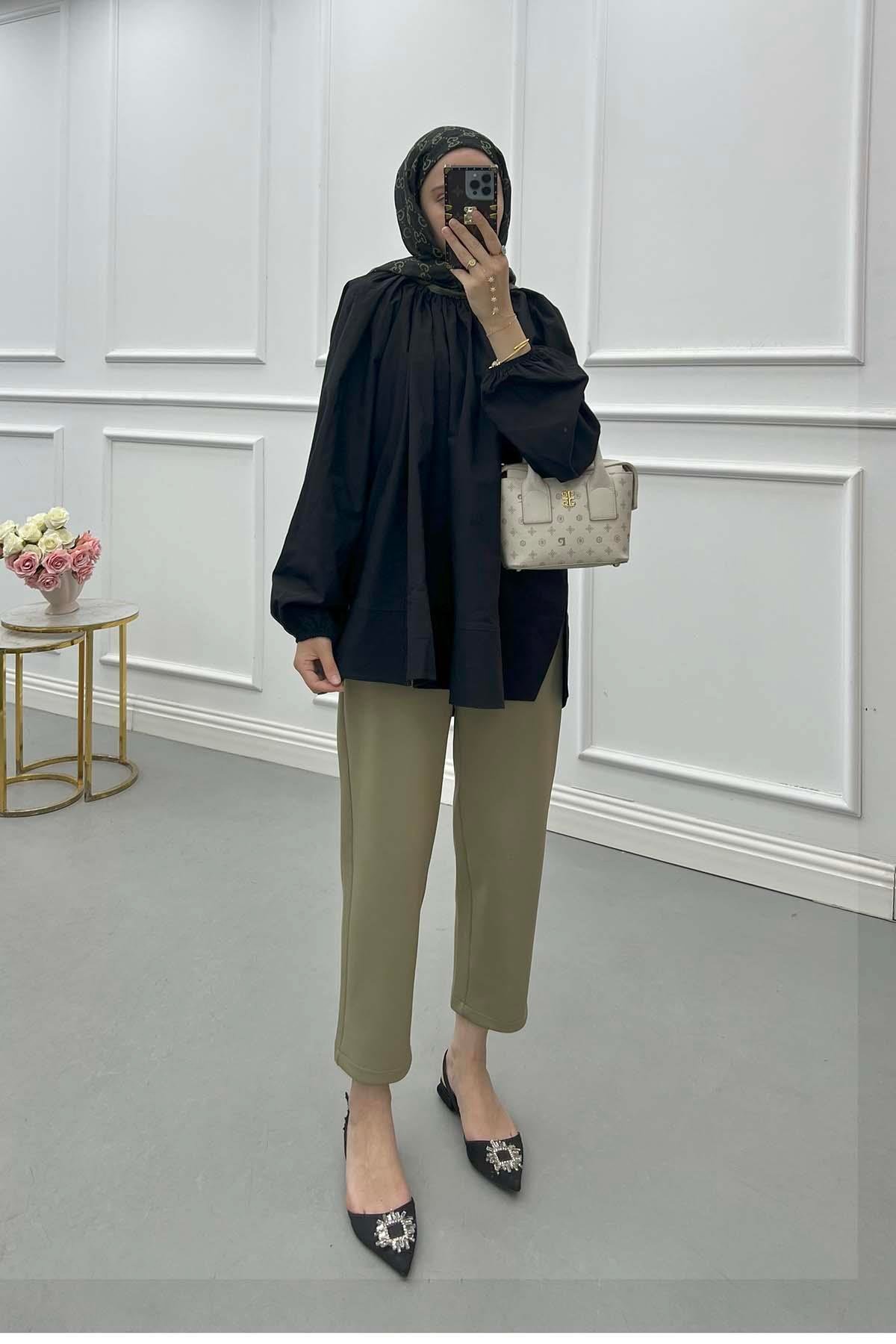 Sare Fashion Elastic Collar Poplin Shirt Black