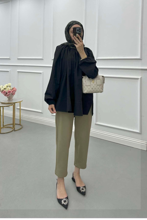 Sare Fashion Elastic Collar Poplin Shirt Black
