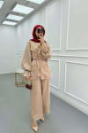 Sare Fashion Balloon Sleeve Jacquard Set with Stone Collar Beige