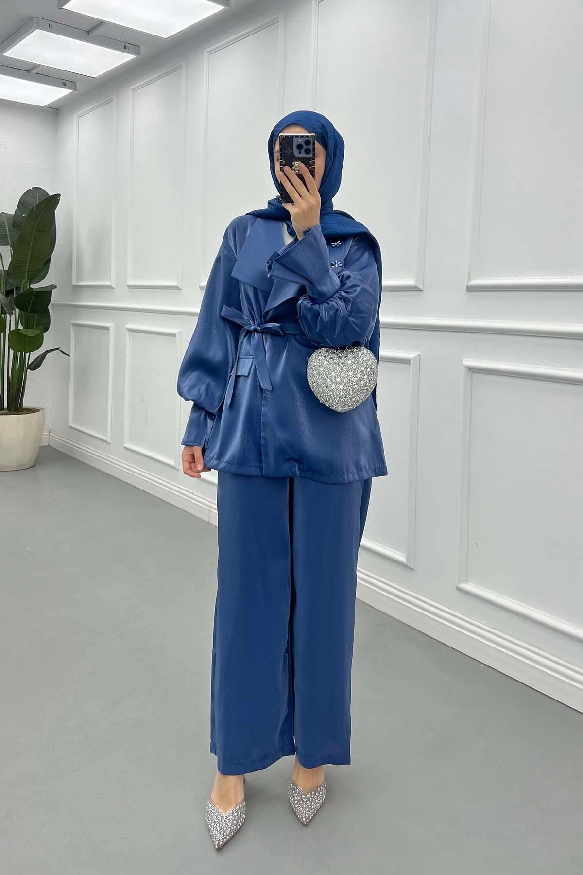 Sare Fashion Balloon Sleeve Jacquard Set with Stone Collar Indigo
