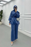 Sare Fashion Balloon Sleeve Jacquard Set with Stone Collar Indigo