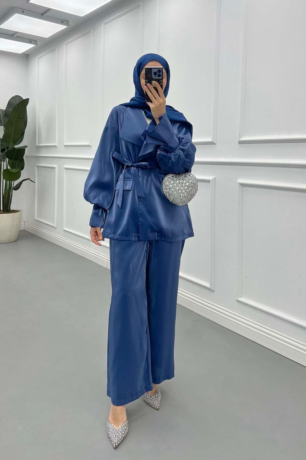 Sare Fashion Balloon Sleeve Jacquard Set with Stone Collar Indigo