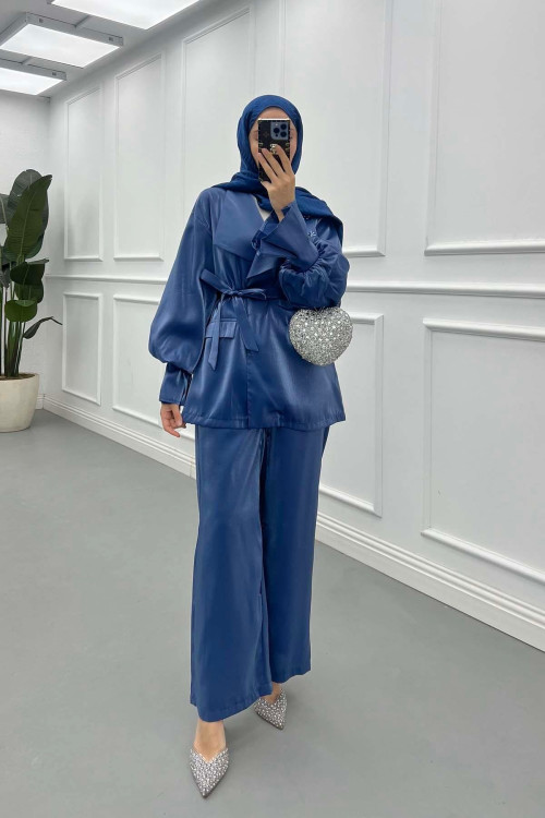 Sare Fashion Balloon Sleeve Jacquard Set with Stone Collar Indigo